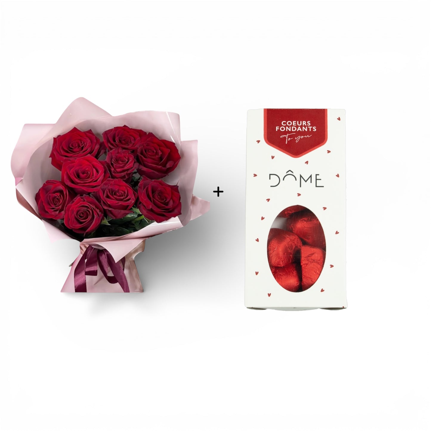 Bouquet de 8 roses + cœurs fondants Dôme
