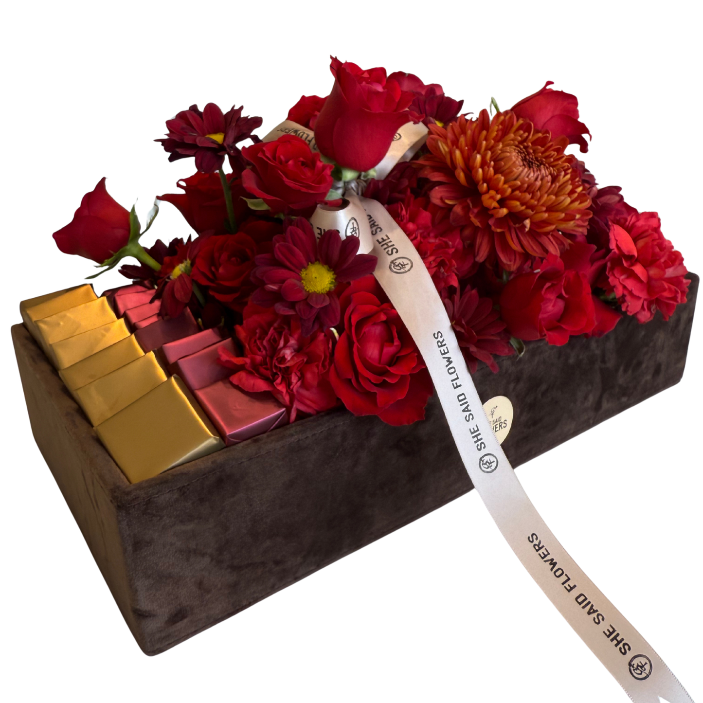 Plateau Royal Wedding L - Coffret Cadeau Luxueux pour la Mariée – Velours, Fleurs et Chocolats